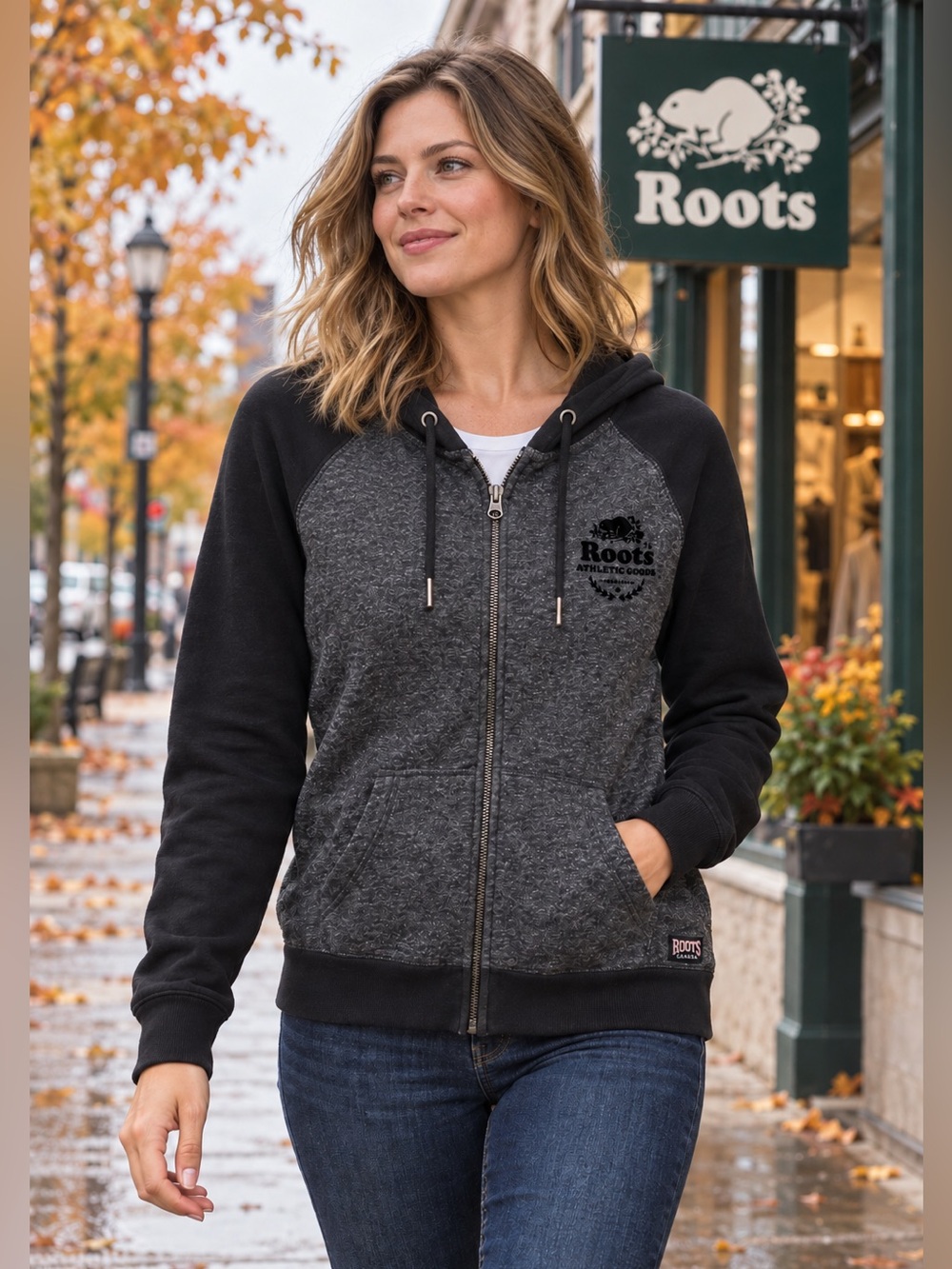 Roots Canada Salt And Pepper Full Zip Hoodie Grey Black Small
